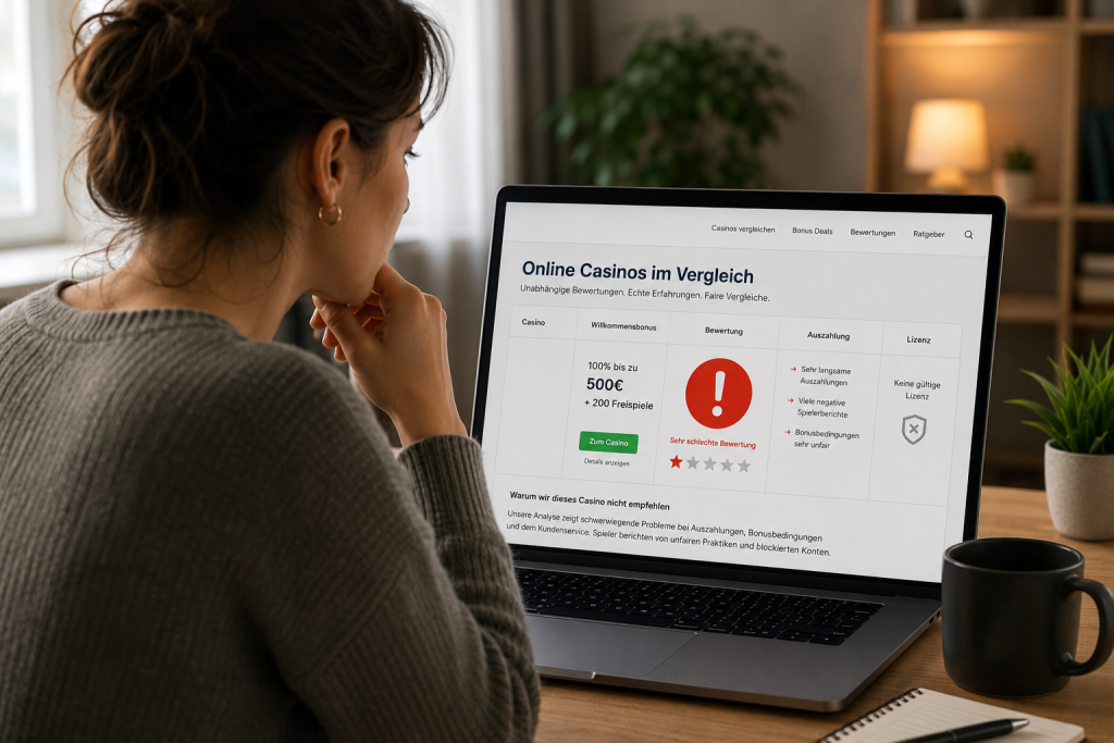 Eine Person liest sich auf ihrem Laptop negative Bewertungen für ein Online Casino durch.