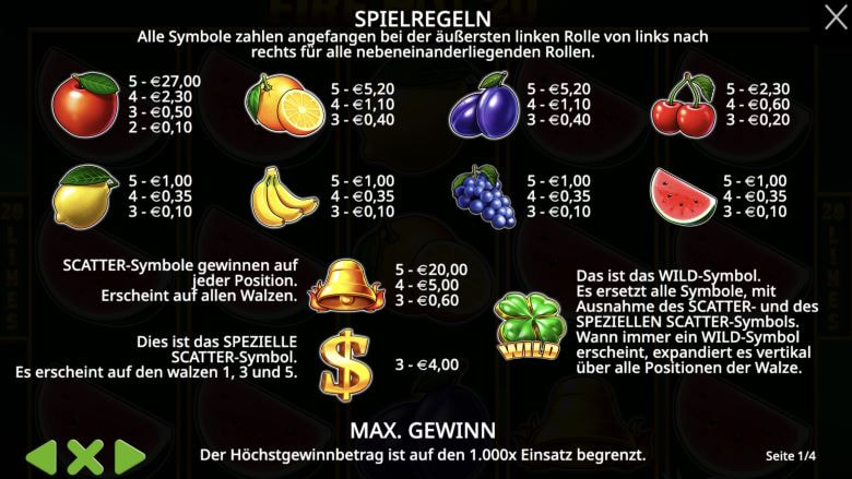 Die Gewinnsymbole und ihre Wertung von Fire Hot 20.