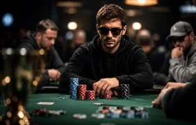 Ein Mann sitzt an einem Pokertisch und hat eine Sonnenbrille auf.