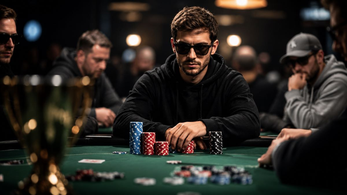 Ein Mann sitzt an einem Pokertisch und hat eine Sonnenbrille auf.