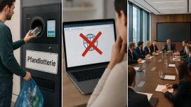 Ein Mann gibt Pfandflaschen ab, eine Website wird blockiert, eine Konferenz wird gehalten.