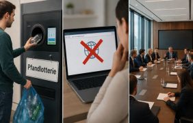 Ein Mann gibt Pfandflaschen ab, eine Website wird blockiert, eine Konferenz wird gehalten.