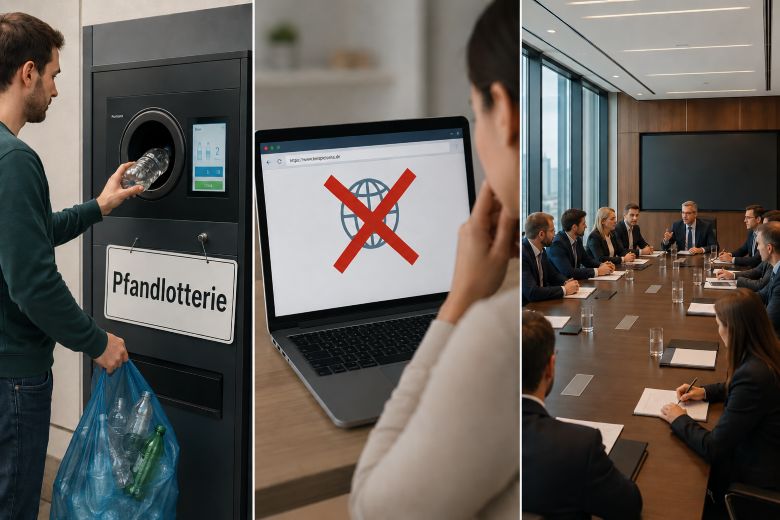 Ein Mann gibt Pfandflaschen ab, eine Website wird blockiert, eine Konferenz wird gehalten.