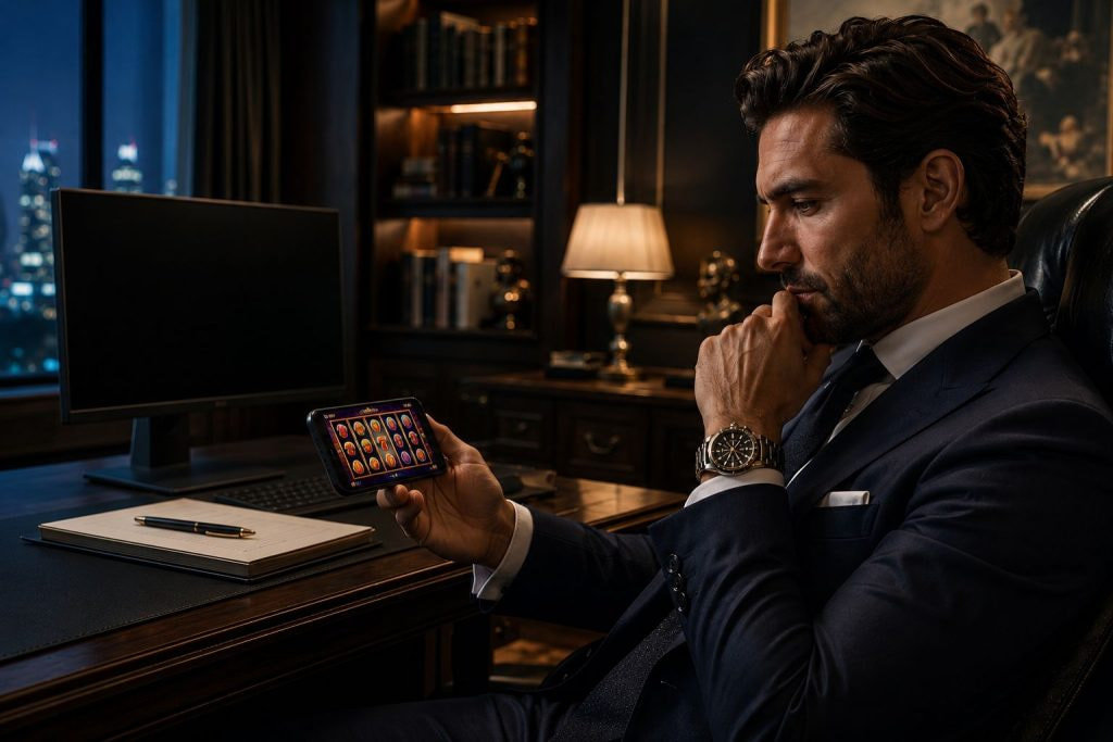 Ein Mann mit hohem Bildungsgrad und viel Erfolg sitzt in seinem Büro und spielt Slots auf seinem Smartphone.