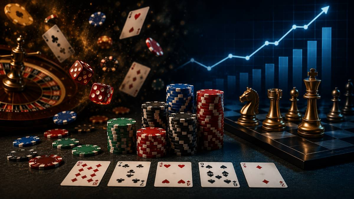 Würfel und Spielkarten fliegen durchs Bild, auf dem Tisch liegen Pokerkarten und -Chips.