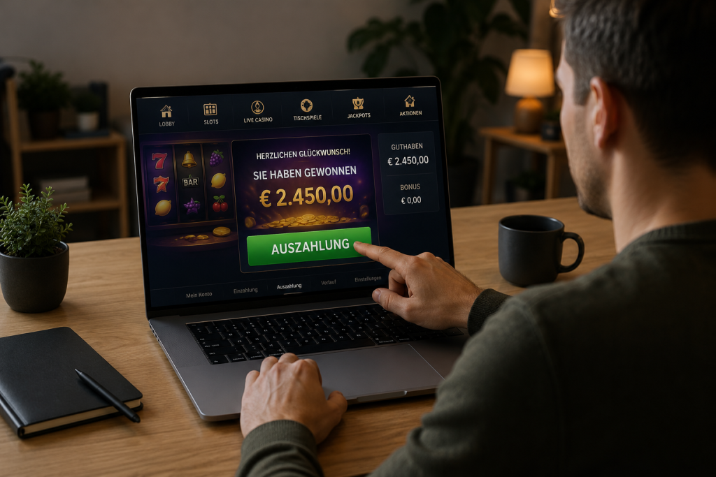Eine Person lässt sich in einem Online Casino ihre Gewinne auszahlen.