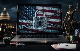 Laptop mit amerikanischer Flagge auf dem Bildschirm und großem Vorhängeschloss davor, umgeben von Pokerchips, Spielkarten und juristischen Symbolen.