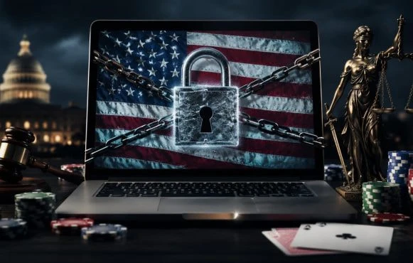 Laptop mit amerikanischer Flagge auf dem Bildschirm und großem Vorhängeschloss davor, umgeben von Pokerchips, Spielkarten und juristischen Symbolen.