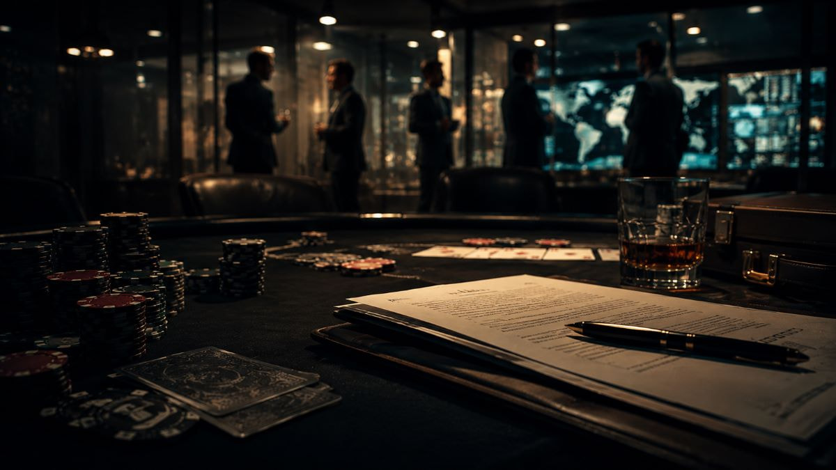Dunkler Pokerraum mit Pokerchips, Spielkarten und Vertragsunterlagen auf einem Tisch. Im Hintergrund unterhalten sich verschwommene Geschäftsleute vor Monitoren mit internationalen Daten und Weltkarten.