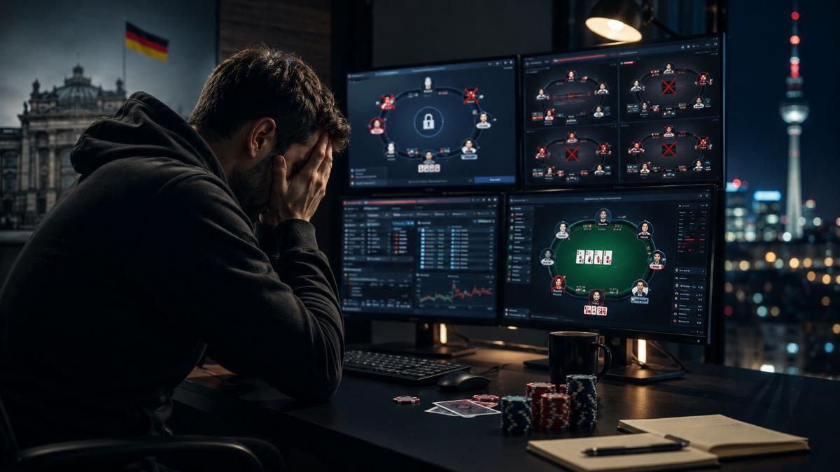 Ein frustrierter Mann sitzt mit den Händen vor dem Gesicht an einem Schreibtisch mit mehreren Poker-Monitoren. Auf den Bildschirmen sind gesperrte Tische und Limitierungen sichtbar. Im Hintergrund leuchtet nachts eine deutsche Skyline, während Pokerchips und Karten auf dem Tisch liegen.