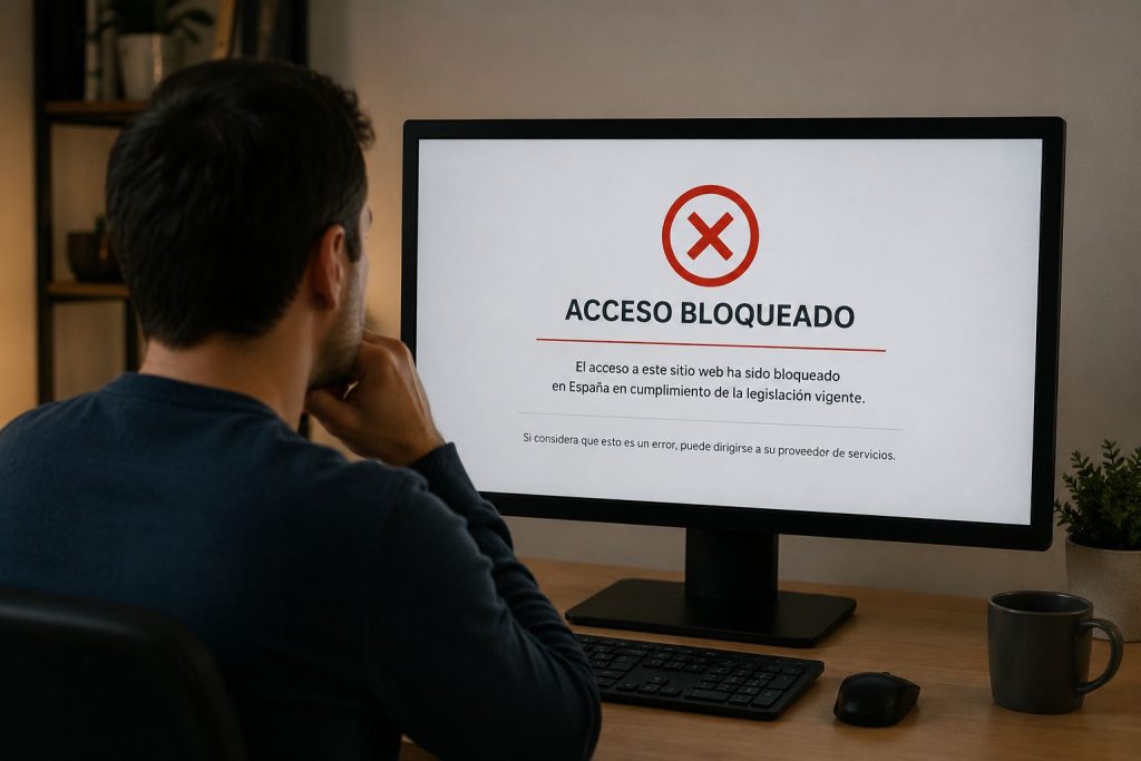 Ein Mann möchte eine Website aufrufen. Es erscheint eine Meldung auf Spanisch, dass der Zugriff blockiert wurde.