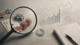 Eine Lupe untersucht Würfel, Spielkarten und Casino-Chips, während Diagramme, Notizen und Forschungsskizzen im Hintergrund auf die wissenschaftliche Analyse von Glücksspiel hinweisen.
