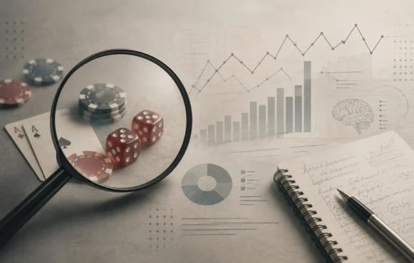 Eine Lupe untersucht Würfel, Spielkarten und Casino-Chips, während Diagramme, Notizen und Forschungsskizzen im Hintergrund auf die wissenschaftliche Analyse von Glücksspiel hinweisen.
