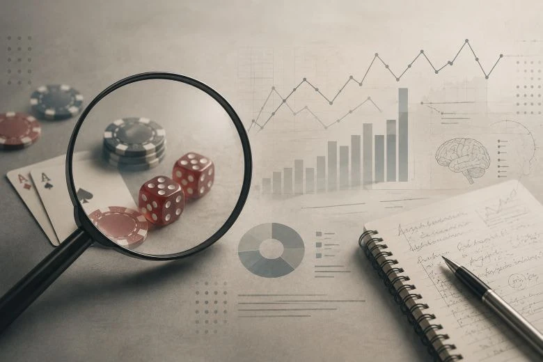 Eine Lupe untersucht Würfel, Spielkarten und Casino-Chips, während Diagramme, Notizen und Forschungsskizzen im Hintergrund auf die wissenschaftliche Analyse von Glücksspiel hinweisen.