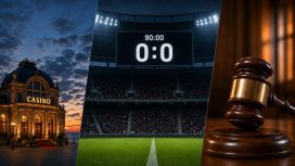 Ein Casino, eine Fußball-Anzeigetafel mit einem 0:0 und ein Richterhammer.