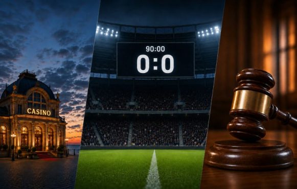 Ein Casino, eine Fußball-Anzeigetafel mit einem 0:0 und ein Richterhammer.