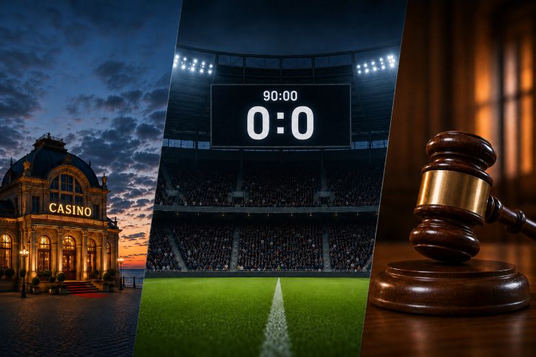 Ein Casino, eine Fußball-Anzeigetafel mit einem 0:0 und ein Richterhammer.