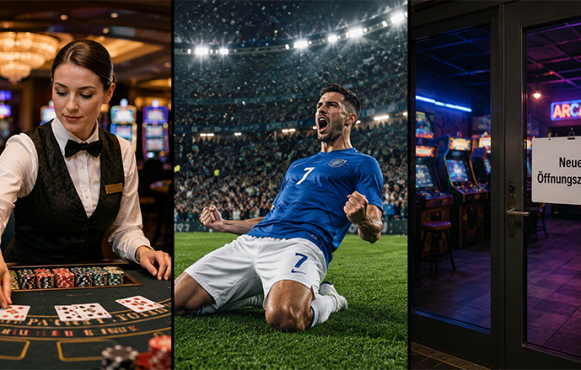 Eine Croupière im Casino, ein jubelnder Fußballspieler und eine Spielhalle mit neuen Öffnungszeiten.