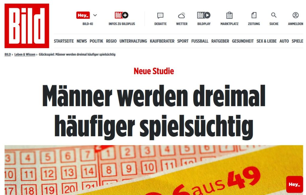 Aufnahme eines Artikels der Bild zum Thema Spielsucht bei Männern.