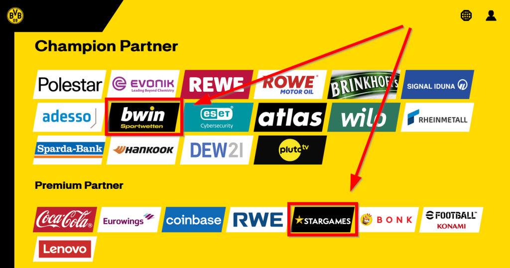 Screenshot der Partner des BVB. Markierung von zwei Glücksspielpartnern.