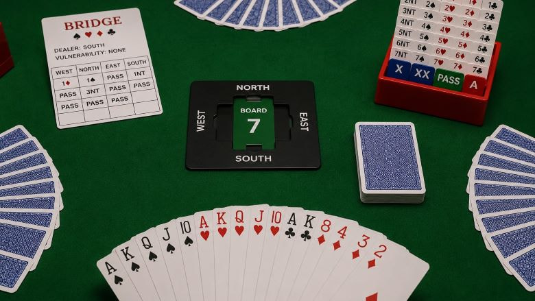 Ein Tisch mit einem Bridge-Spiel.