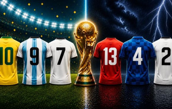 6 verschiedene Fußball-Trikots mit den Nummern auf dem Rücken, der WM Pokal in der Mitte.