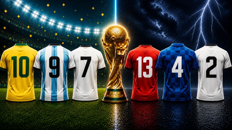 6 verschiedene Fußball-Trikots mit den Nummern auf dem Rücken, der WM Pokal in der Mitte.