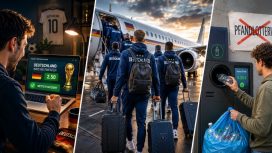 Ein Mann wettet, dass Deutschland die Fußball-Weltmeisterschaft 2026 gewinnt. Fußballspieler fliegen in die USA. Neben einem Pfandautomat ist das Wort „Pfandlotterie“ durchgestrichen.