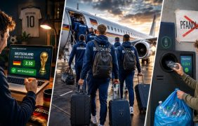 Ein Mann wettet, dass Deutschland die Fußball-Weltmeisterschaft 2026 gewinnt. Fußballspieler fliegen in die USA. Neben einem Pfandautomat ist das Wort „Pfandlotterie“ durchgestrichen.
