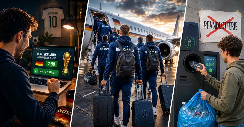 Ein Mann wettet, dass Deutschland die Fußball-Weltmeisterschaft 2026 gewinnt. Fußballspieler fliegen in die USA. Neben einem Pfandautomat ist das Wort „Pfandlotterie“ durchgestrichen.