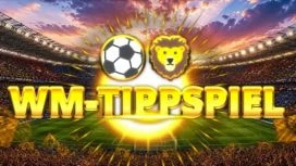 Der Schriftzug WM-Tippspiel in goldener Schrift, darüber ein Fußball und der animierte Kopf eines Löwen.
