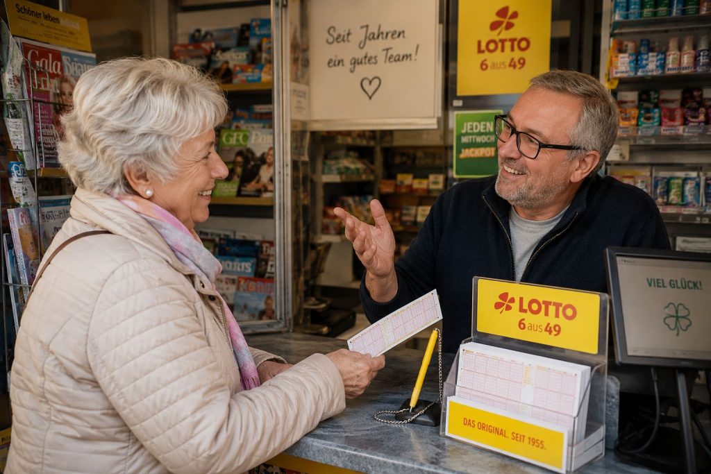 Eine ältere Dame kauft an einem Kiosk einen Lottoschein. Sie kennt den Verkäufer seit Jahren.