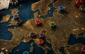 Eine Karte von Europa mit Pokerchips darauf.