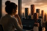 Eine Frau sitzt am Laptop und schaut auf eine Skyline aus Pokerchips.
