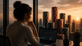 Eine Frau sitzt am Laptop und schaut auf eine Skyline aus Pokerchips.