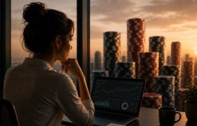 Eine Frau sitzt am Laptop und schaut auf eine Skyline aus Pokerchips.