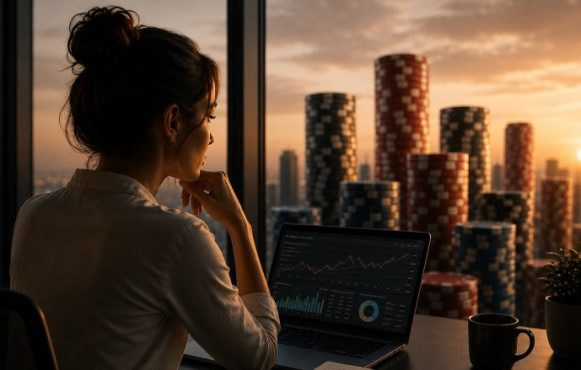 Eine Frau sitzt am Laptop und schaut auf eine Skyline aus Pokerchips.