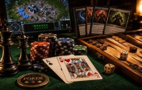 Ein Tisch mit Pokerkarten und Pokerchips, drumherum Schachfiguren, Würfel und andere bekannte Spiele.