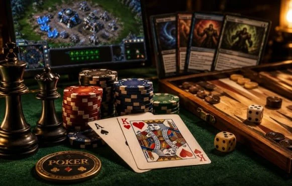 Ein Tisch mit Pokerkarten und Pokerchips, drumherum Schachfiguren, Würfel und andere bekannte Spiele.