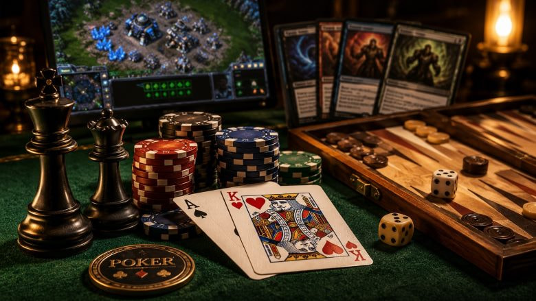 Ein Tisch mit Pokerkarten und Pokerchips, drumherum Schachfiguren, Würfel und andere bekannte Spiele.