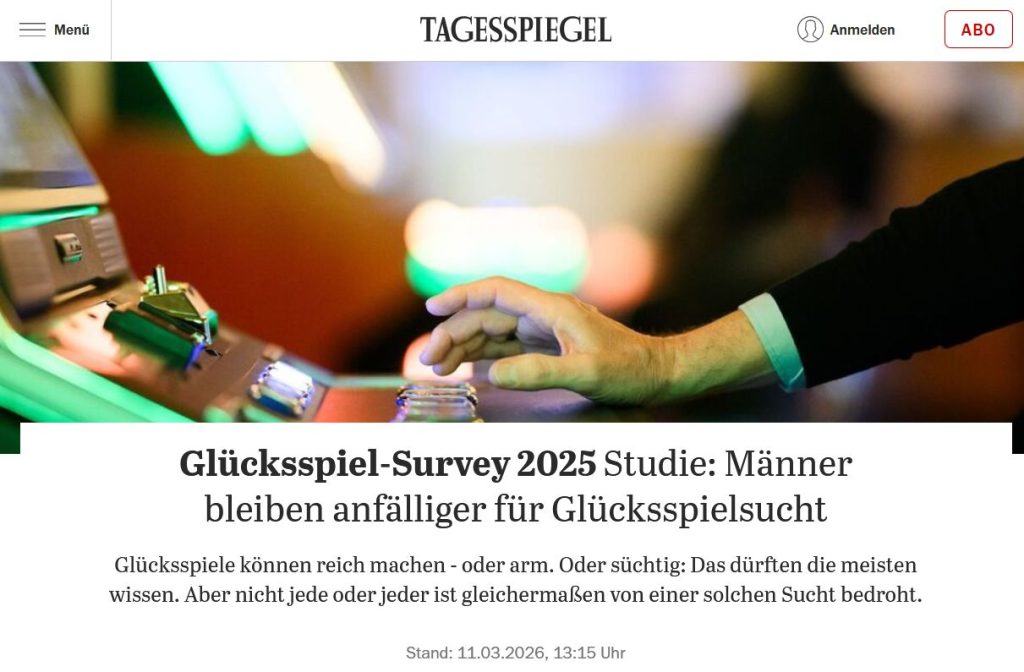 Aufnahme eines Artikels des Tagesspiegel zum Thema Spielsucht bei Männern.