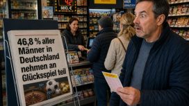 Ein Mann möchte in einem Kiosk seinen Lottoschein abgeben. Dort sieht er eine Schlagzeile zur Glücksspielteilnahme in Deutschland und ist erschrocken.