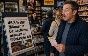 Ein Mann möchte in einem Kiosk seinen Lottoschein abgeben. Dort sieht er eine Schlagzeile zur Glücksspielteilnahme in Deutschland und ist erschrocken.
