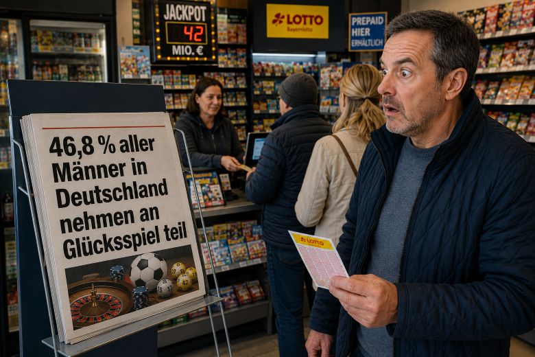 Ein Mann möchte in einem Kiosk seinen Lottoschein abgeben. Dort sieht er eine Schlagzeile zur Glücksspielteilnahme in Deutschland und ist erschrocken.