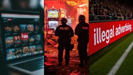 Ein Laptop mit einem Fake-Casino, zwei Polizisten vor Spielautomaten & die Bandenwerbung in einem Fußballstadion.