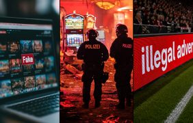 Ein Laptop mit einem Fake-Casino, zwei Polizisten vor Spielautomaten & die Bandenwerbung in einem Fußballstadion.