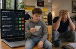 Auf einem Laptop ist ein Prognosemarkt zu sehen. Ein junger Mann schaut erschrocken auf seinen Wartezettel von der Post. Ein Mann ist verzweifelt.