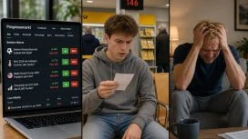 Auf einem Laptop ist ein Prognosemarkt zu sehen. Ein junger Mann schaut erschrocken auf seinen Wartezettel von der Post. Ein Mann ist verzweifelt.