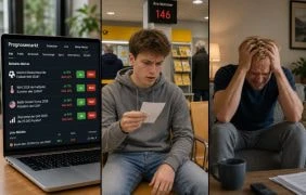 Auf einem Laptop ist ein Prognosemarkt zu sehen. Ein junger Mann schaut erschrocken auf seinen Wartezettel von der Post. Ein Mann ist verzweifelt.