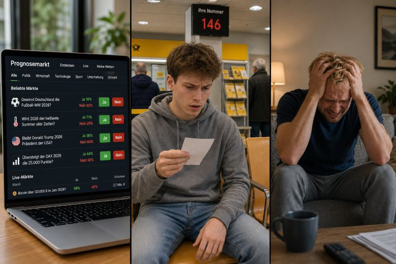 Auf einem Laptop ist ein Prognosemarkt zu sehen. Ein junger Mann schaut erschrocken auf seinen Wartezettel von der Post. Ein Mann ist verzweifelt.